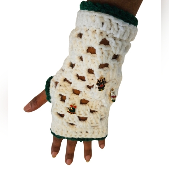 Hand Crafted 3pc Set Fingerless gloves headband white granny square Retro gloves - Picture 11 of 17